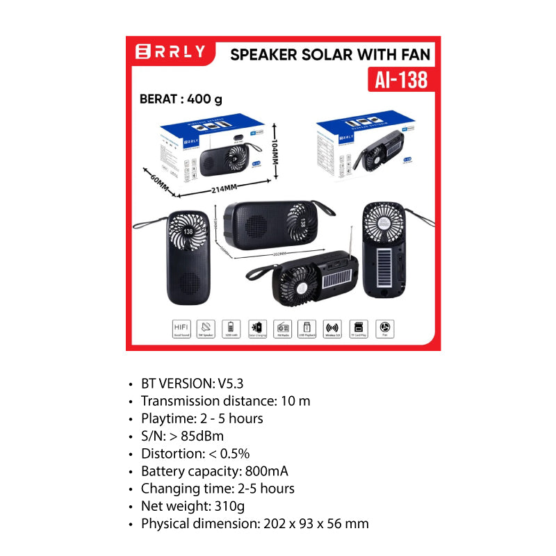 VENTILADOR PARLANTE LINTERNA RADIO SOLAR